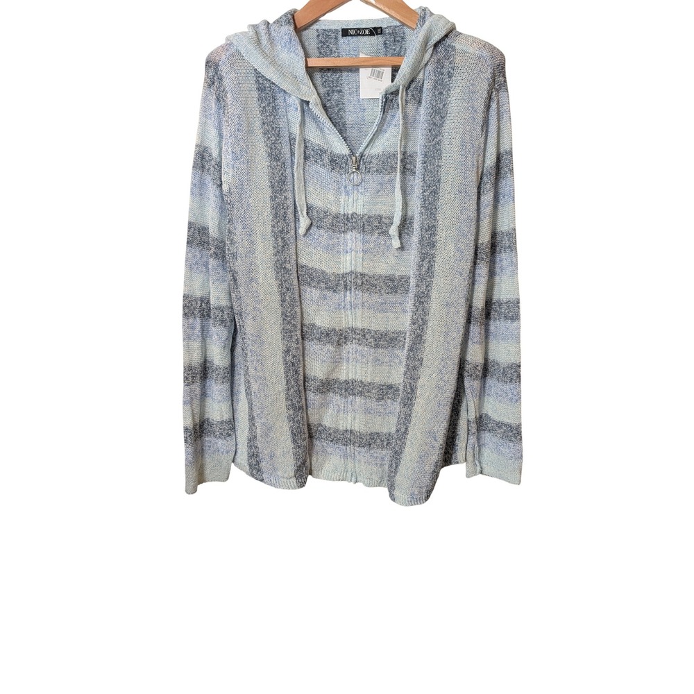 Nic+Zoe Womens XXL Blue Striped Full Zip Hooded Cotton Blend Sweater NWT